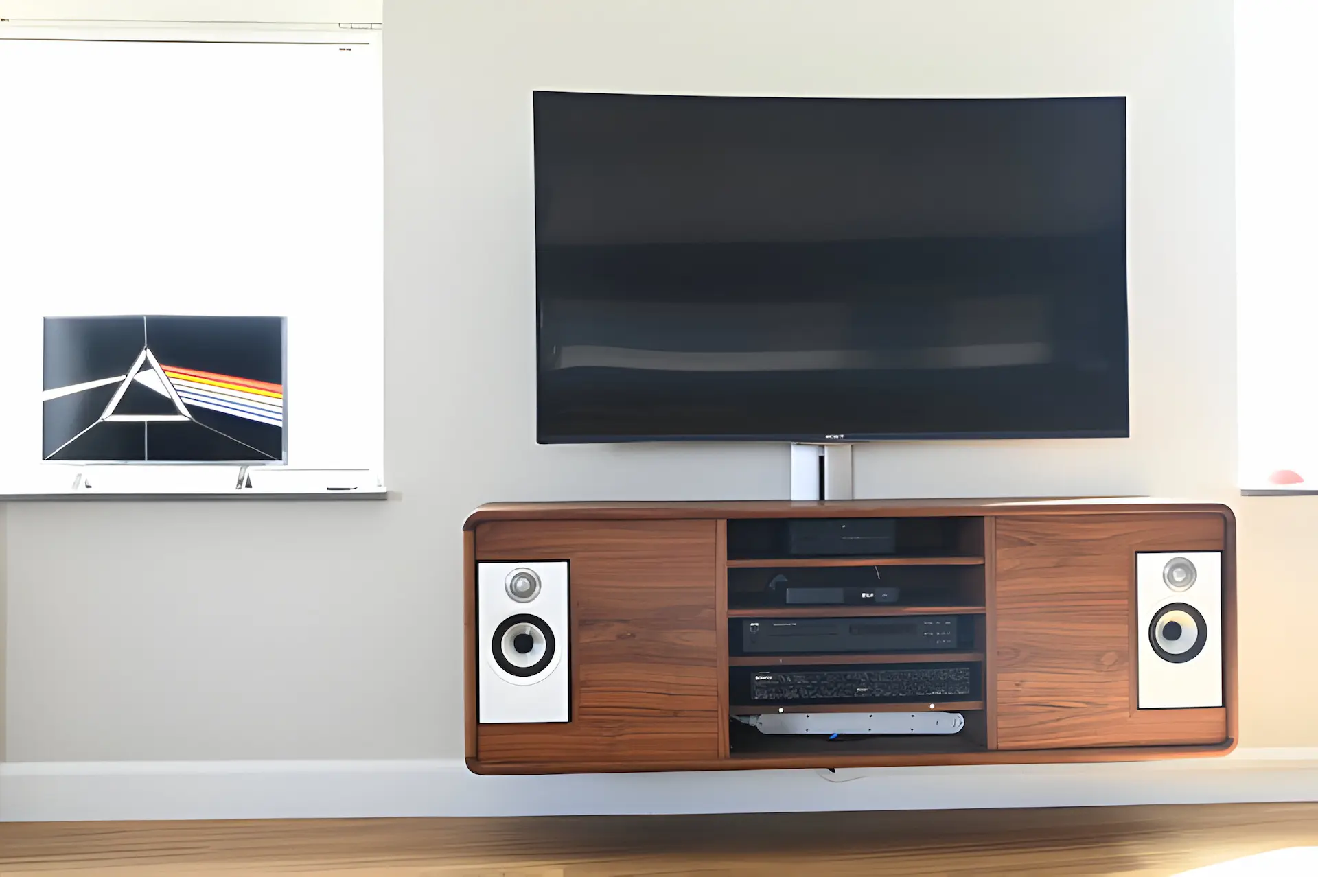 Vooraanzicht van zwevend walnoot tv-meubel met audio en apparatuur | Maatwerk mediameubel met geïntegreerde luidsprekers